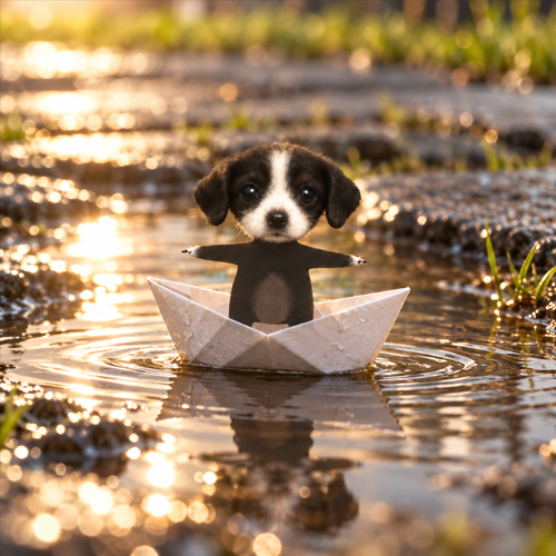 Microdog sailing a paper boat across a golden puddle