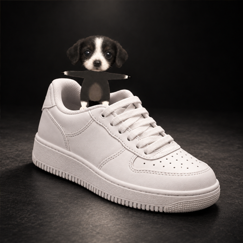 Microdog standing on a giant white sneaker